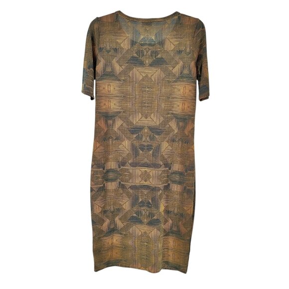 LuLaRoe Retired Julia Dress M Brown & Black Geometric Print SS Form Fitting NWT - Picture 2 of 8
